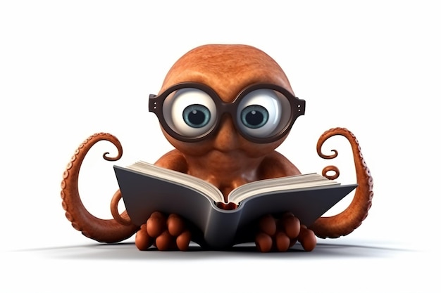 un pulpo de dibujos animados leyendo un libro con gafas
