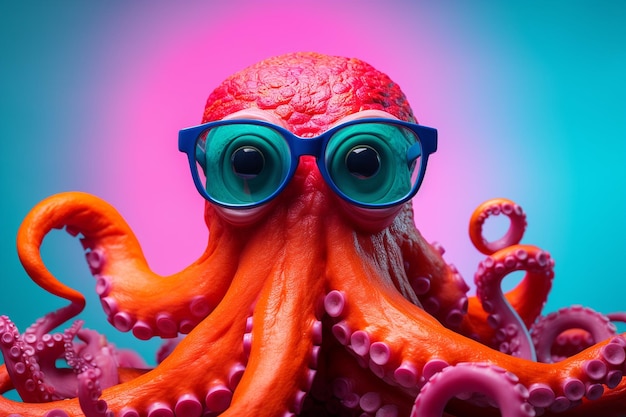 Pulpo divertido con gafas de sol en estudio con una colorida IA generativa