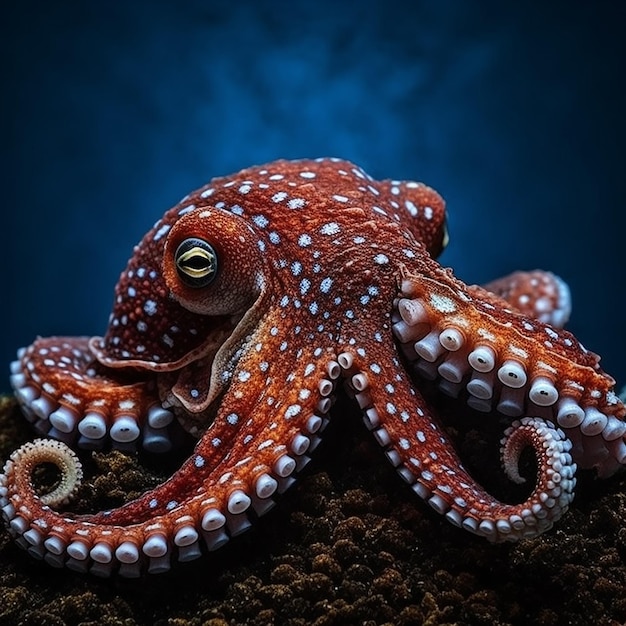 Un pulpo está sobre una roca con un fondo azul.