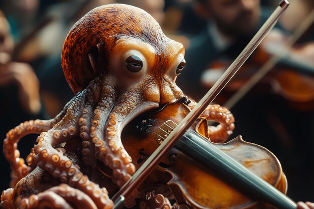 un pulpo está tocando el violín en la orquesta
