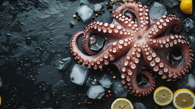 Pulpo fresco en una superficie helada oscura rodeado de rebanadas de limón mariscos delicadeza en un entorno de mal humor ideal para conceptos culinarios IA