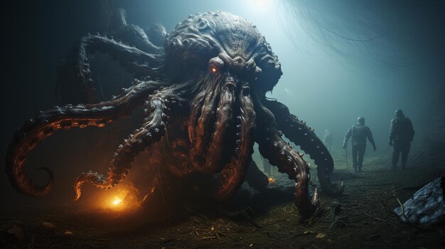 Foto un pulpo gigante en un mar profundo