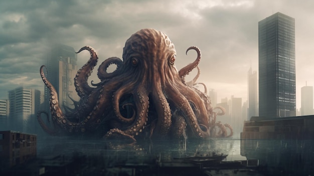 Un pulpo gigante en medio de una ciudad