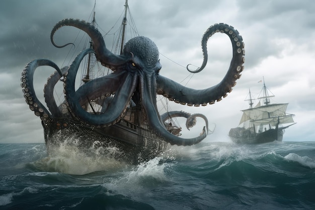 Pulpo kraken en batalla contra serpiente marina gigante