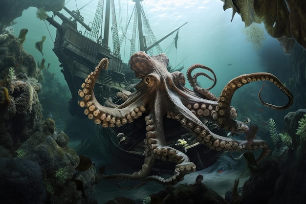 Pulpo kraken que se cierne sobre los tentáculos hundidos del naufragio que alcanzan los tesoros debajo