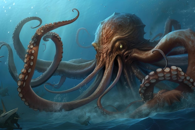 Pulpo kraken usando tentáculos para luchar contra el calamar gigante