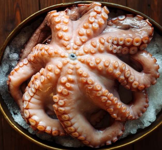 Pulpo. Mariscos en el restaurante. El pulpo se prepara en el restaurante sobre la mesa.