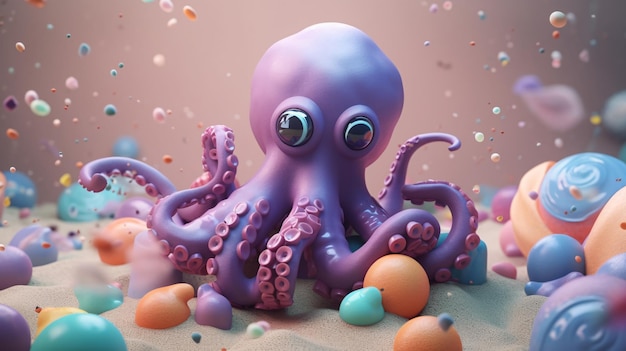 Pulpo morado en 3D realista sobre pila de huevos Ilustración linda y de tendencia en la escena artística en 3D de Behance