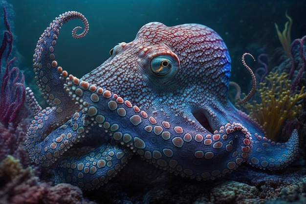 Foto un pulpo se muestra en colores azul y verde.