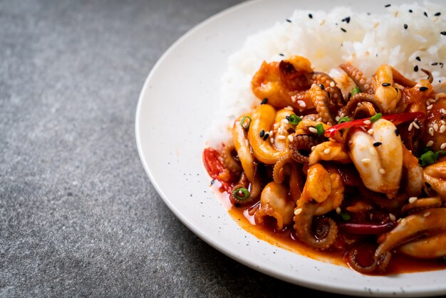 pulpo o calamar salteado y pasta picante coreana (osam bulgogi) con arroz