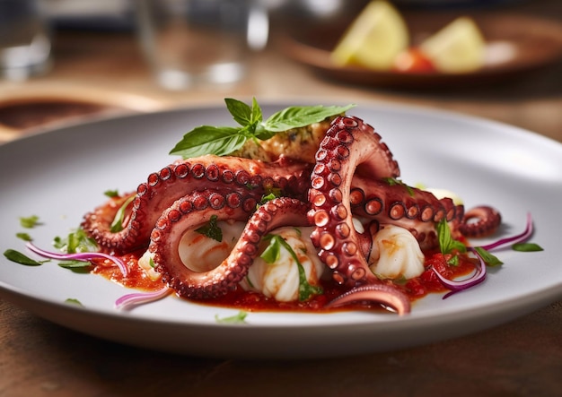 Foto pulpo a la parrilla en un plato con albahaca y limón en una mesa de un restaurante de lujoai generative