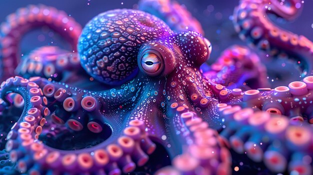 Un pulpo con piel azul y rosa y ojos brillantes