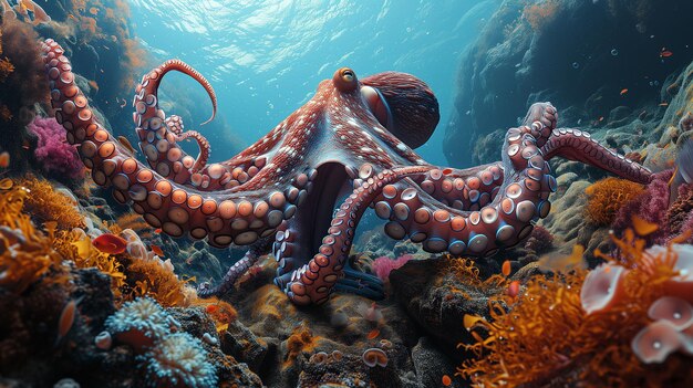 Un pulpo con una piel casi roja y rosada se mueve entre corales marrones en un océano poco profundo