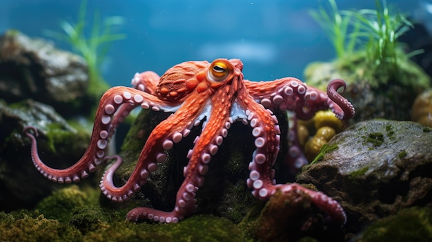 El pulpo rojo en el arrecife de coral bajo el mar