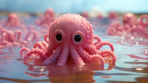 Un pulpo rosa está flotando en el agua con ojos grandes.