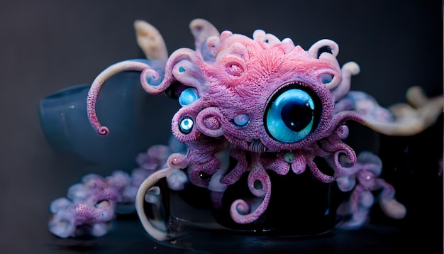 Un pulpo rosa con ojos azules se sienta en una taza negra.