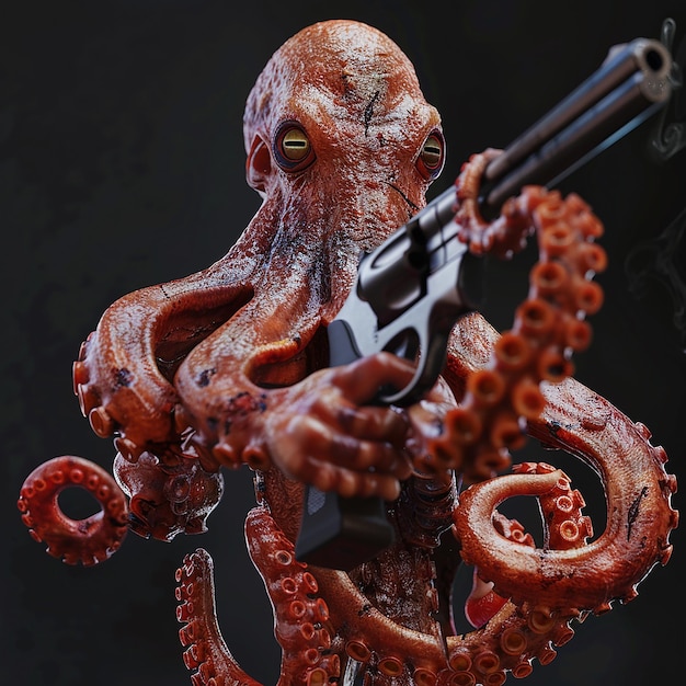 un pulpo sostiene un arma
