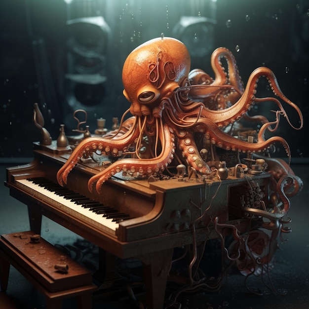 Foto un pulpo steampunk tocando un piano de cola bajo el agua con intrincados detalles de reloj renderizados en