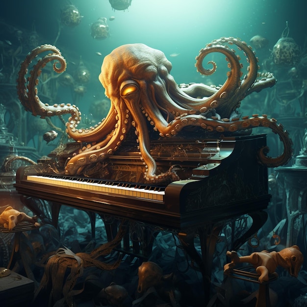 Foto un pulpo steampunk tocando un piano de cola bajo el agua con intrincados detalles de reloj renderizados en