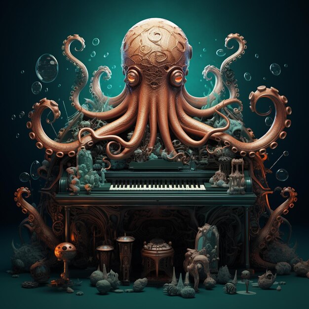 Foto un pulpo steampunk tocando un piano de cola bajo el agua con intrincados detalles de reloj renderizados en