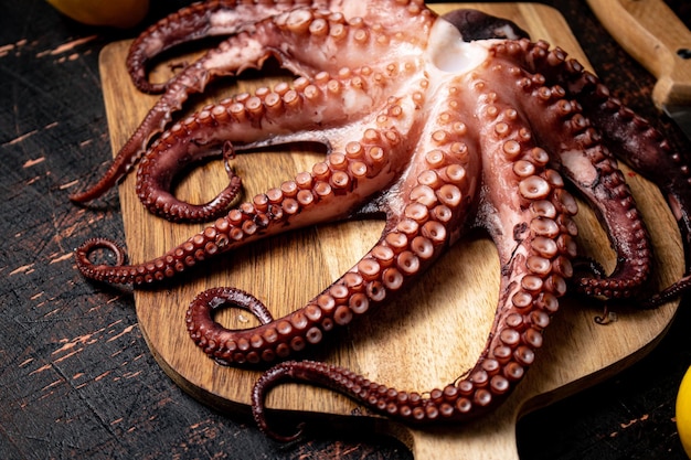 Pulpo en una tabla para cortar madera