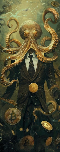 Foto un pulpo con un traje de negocios intercambiando bitcoin con una ráfaga