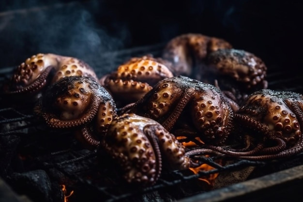 Pulpos a la parrilla Mariscos a la plancha Humo fuego Cocinar pulpo IA Generativa