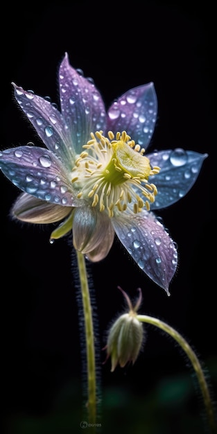 Pulsatilla flor con gotas de lluvia Imagen para poster o postal Foto de alta calidad IA generativa
