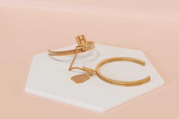 Pulseira de ouro isolada na renderização 3d de fundo rosa