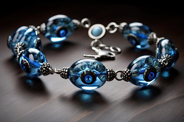 Pulsera mal de ojo con cuentas de vidrio y detalles plateados.