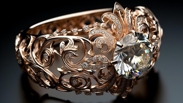 Una pulsera de oro y diamantes con diamantes y un diseño floral.