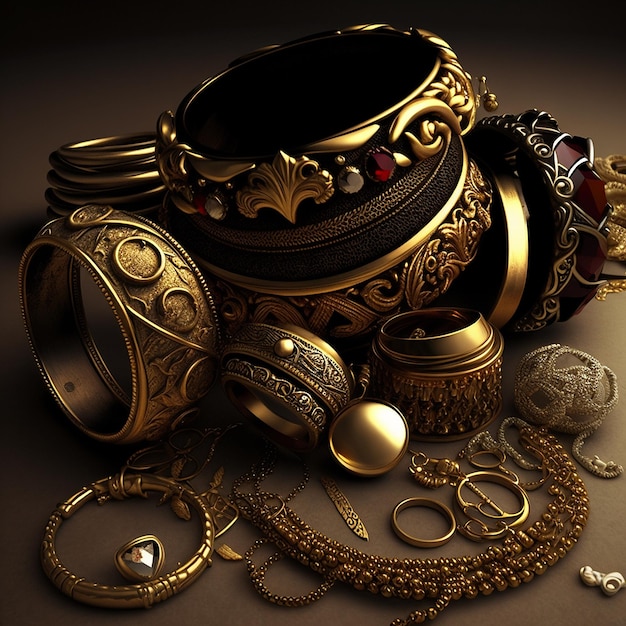 Foto pulseras chapadas en oro, collares, imágenes de diseño, arte generado por ia.