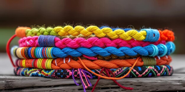 Pulseras de colores en una mesa de madera.