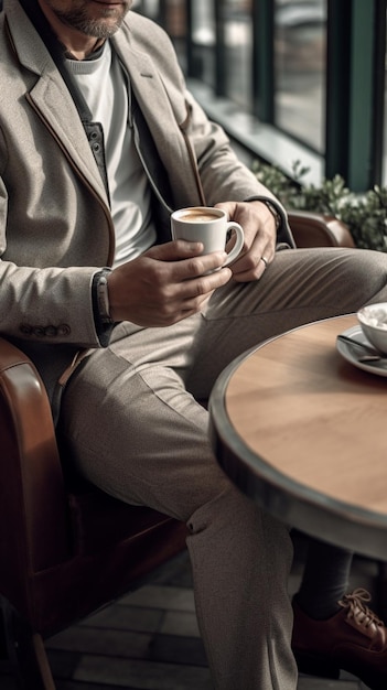 Pulsos de homem amarrados com uma bandagem elástica Xícara de cappuccino quente A mesa no coor IA generativa