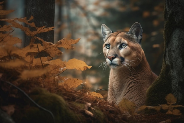 Un puma en un bosque con hojas amarillas en el suelo.