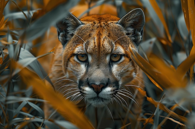 Puma escondiéndose y cazando en los arbustos de la jungla