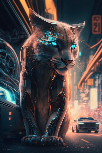 puma en estilo cyberpunk sobre fondo oscuro, ai creativa