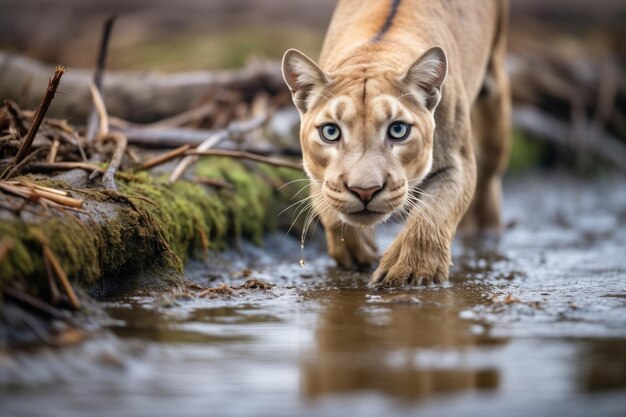 Un puma furtivo se acerca a un arroyo