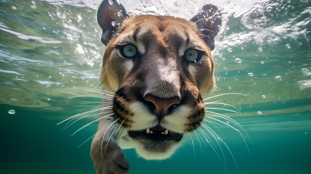 Puma nadando bajo el agua con un fondo azul.