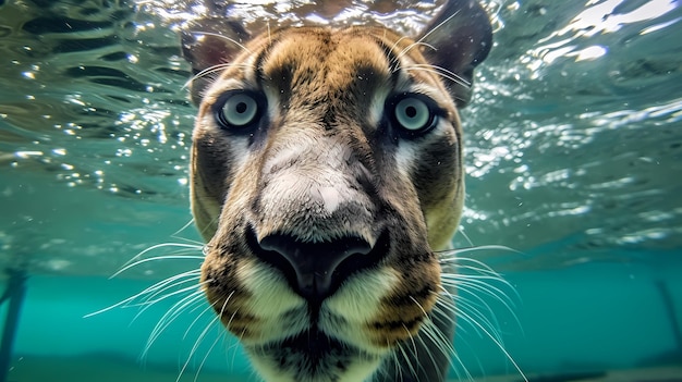 Puma schwimmt unter Wasser mit blauem Hintergrund