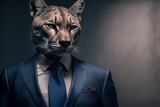 Un puma con un traje azul y una expresión seria Retrato de estudio IA generativa