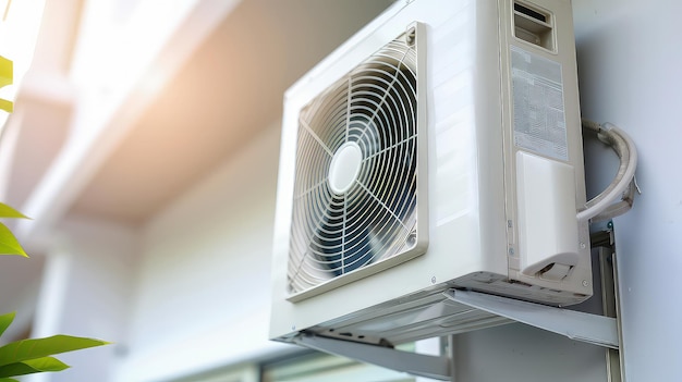 Pumpa de calor de aire para enfriar o calentar una casa en la pared de un edificio
