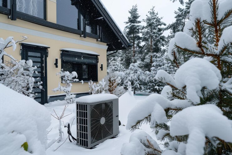 Pumpa de calor al aire libre cubierta de nieve cerca de una casa acogedora que ilustra la calefacción y la eficiencia energética del hogar en invierno