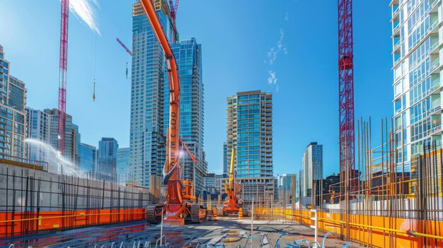 Pumpa de hormigón en funcionamiento en un sitio de construcción de edificios altos