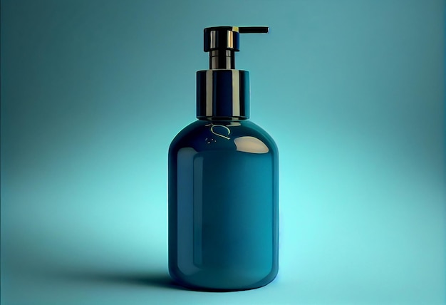 Pumpflasche auf Podium Blauer Hintergrund mit Schatten Naturkosmetikprodukte Design AI generiert