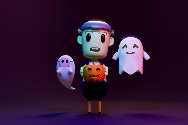 Pumpkin Jack O Lanterns y Ghost en Halloween para fondo u otra representación 3D