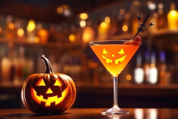 Pumpkin martini no balcão de bar com lanterna de abóbora para festa de halloween coquetéis festivos