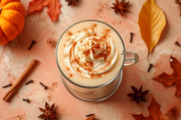 Pumpkin Spice Latte em copo de vidro Vista superior com espaço de texto