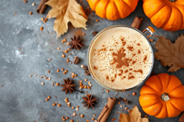 Pumpkin Spice Latte em copo de vidro Vista superior com espaço de texto