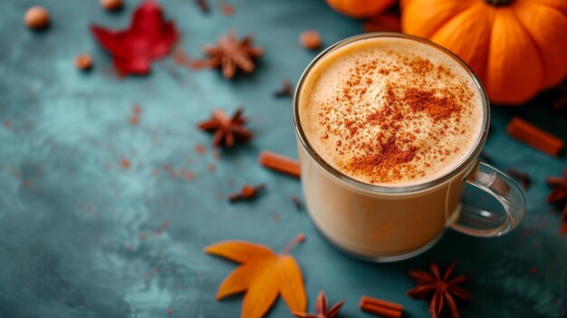 Pumpkin Spice Latte em copo de vidro Vista superior com espaço de texto